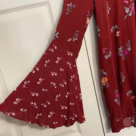 Free People Women's NWT Brick Red Floral Bell Sleeve Tate Printed Tunic XS - Picture 9 of 12